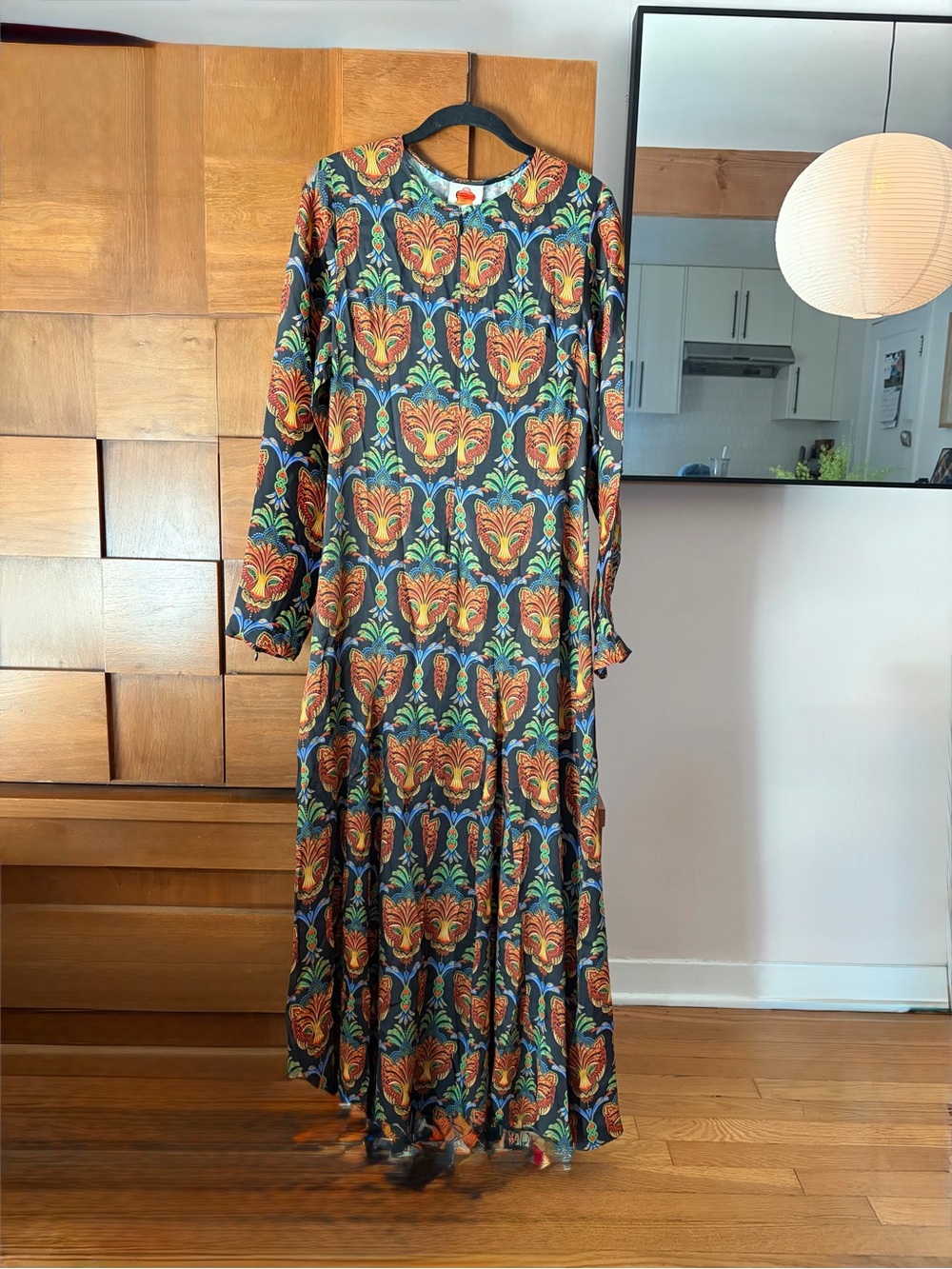 FARM Rio Floral-Print Long Sleeve Maxi Dress in Navy, Orange and Green